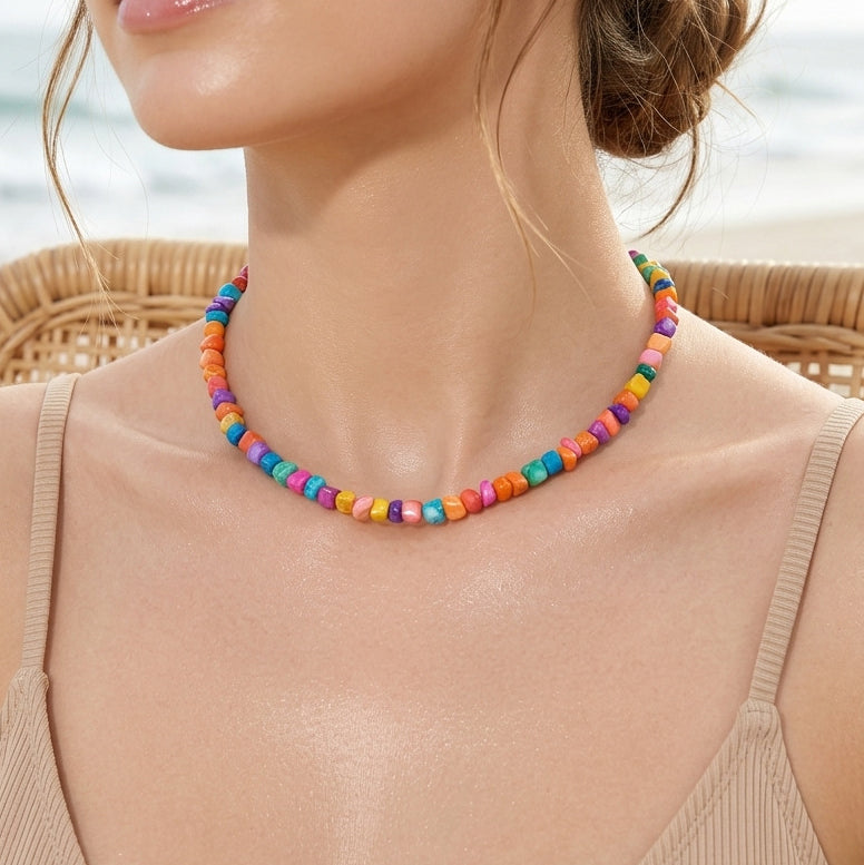 Natural Colorful Crushed Seashell Necklace — Bohemian-Style Summer Beach Vacation Clavicle Chain