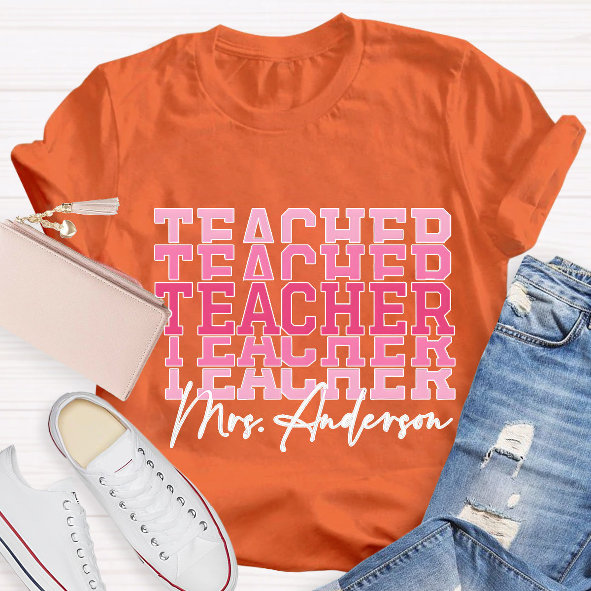 Personalize Name Pink Teacher T-Shirt