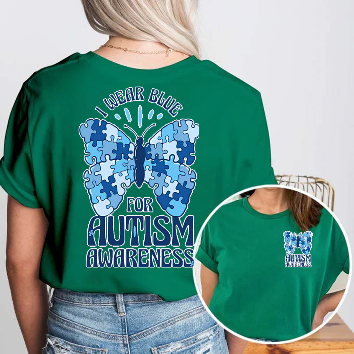 I Wear Blue For Autism Awareness Double Printed T-shirt