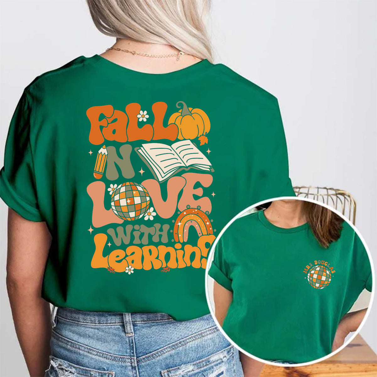 Personalized Name Fall In Love With Learning Double Printed T-shirt