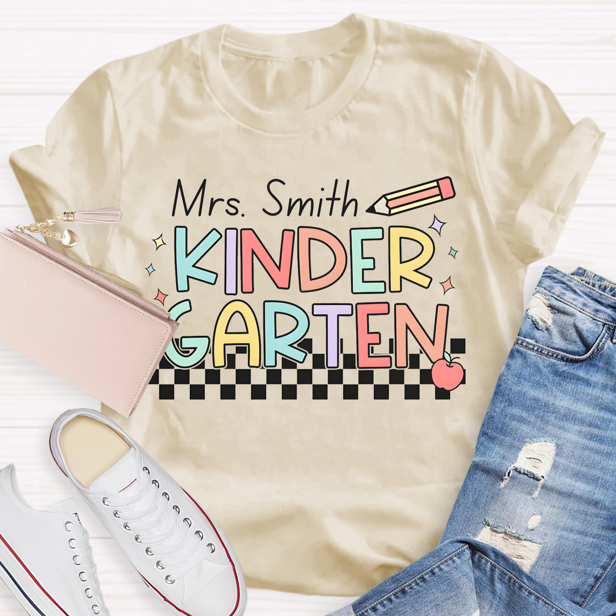 Personalized Name And Grade Checkerboard Teacher T-Shirt