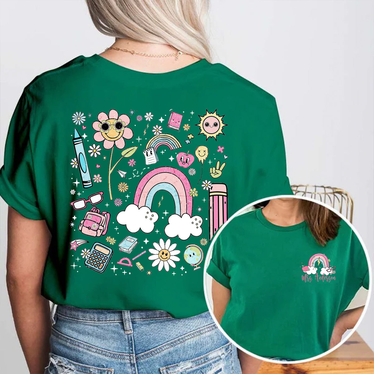 Personalized Name Pink Rainbow Pencil Double Printed T-shirt