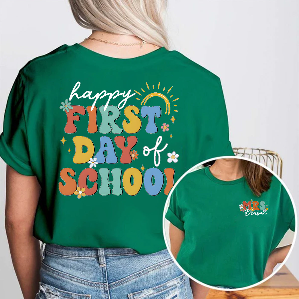 Personalized Name Happy First Day Of School Double Printed T-shirt