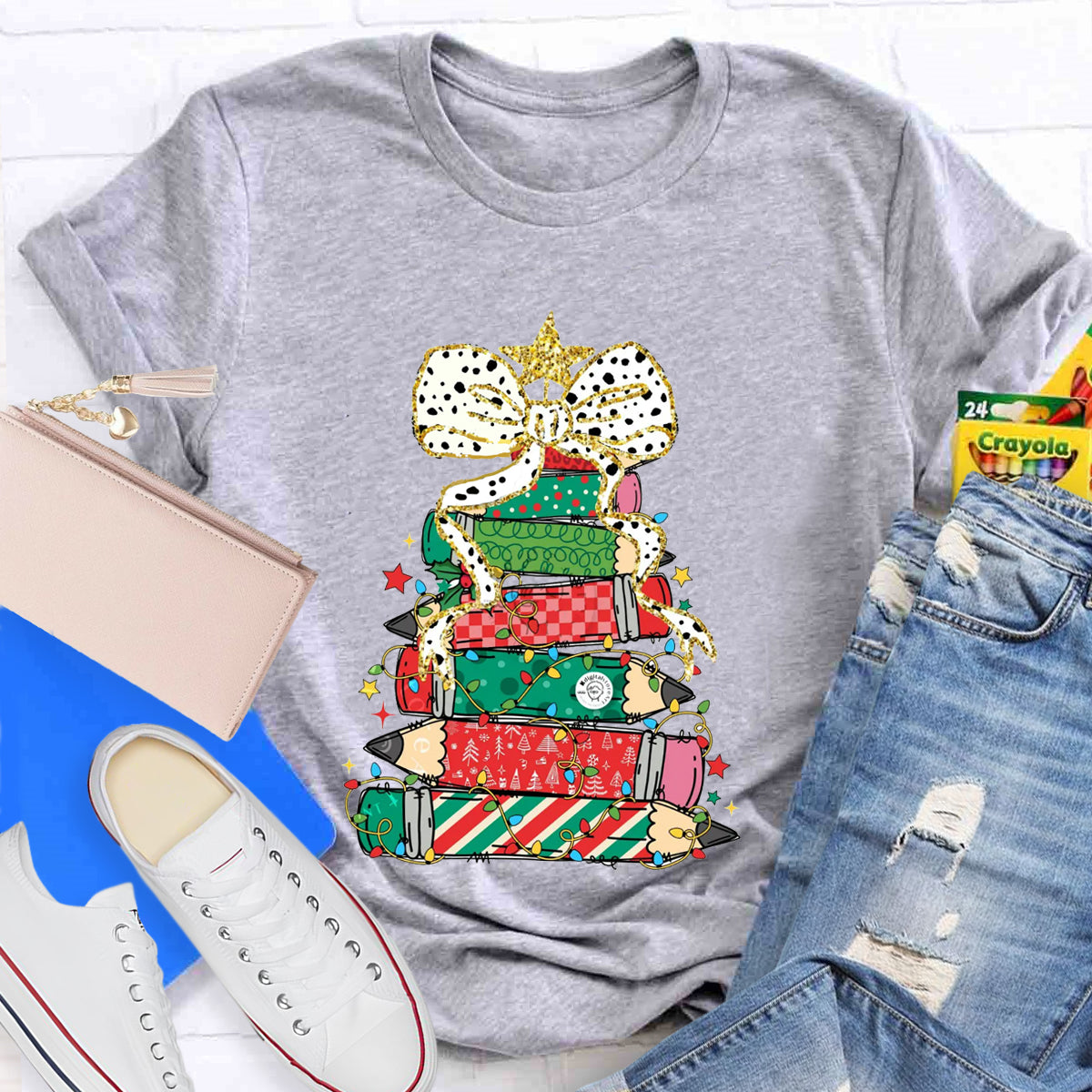 Pencil Tree Bow Teacher T-Shirt