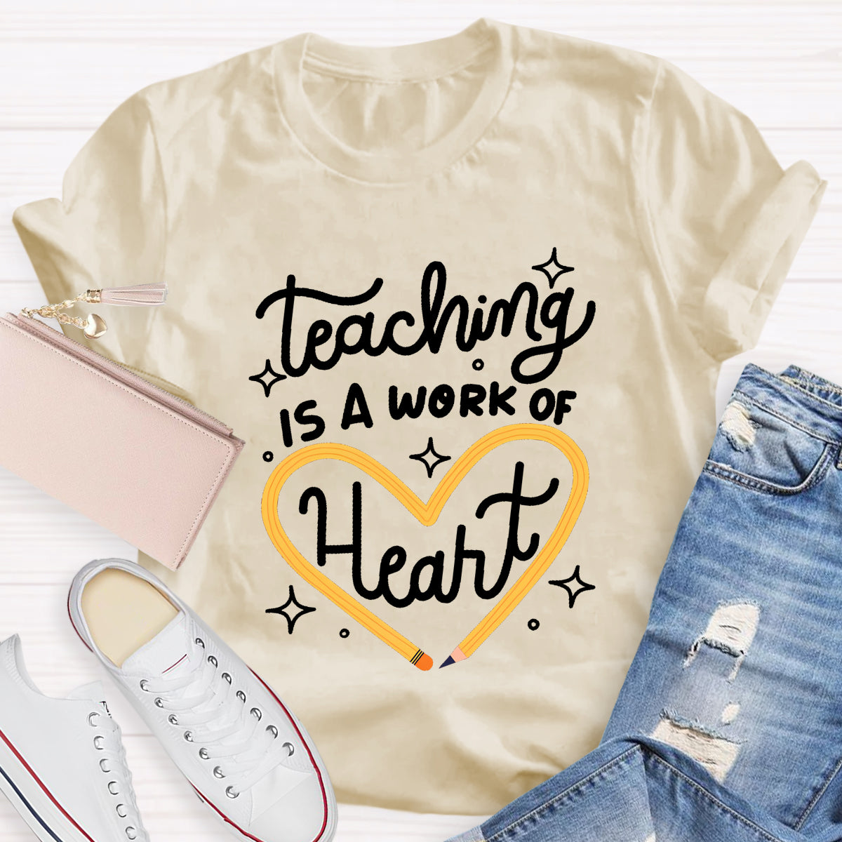 Teaching Is A Work Of Heart Pencil Heart T-Shirt
