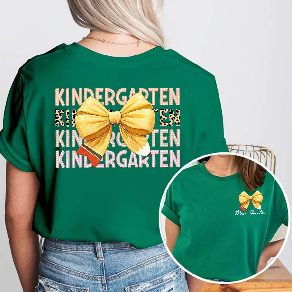 Personalized Grade And Name Pink Bow Double Printed T-shirt