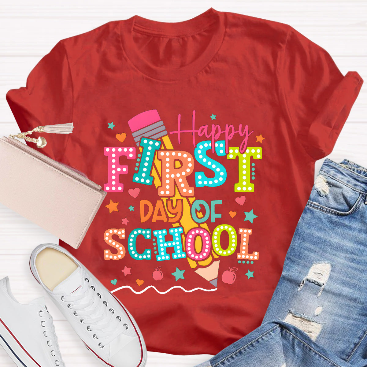 Pencil Dot Happy First Day Of School Teacher T-Shirt