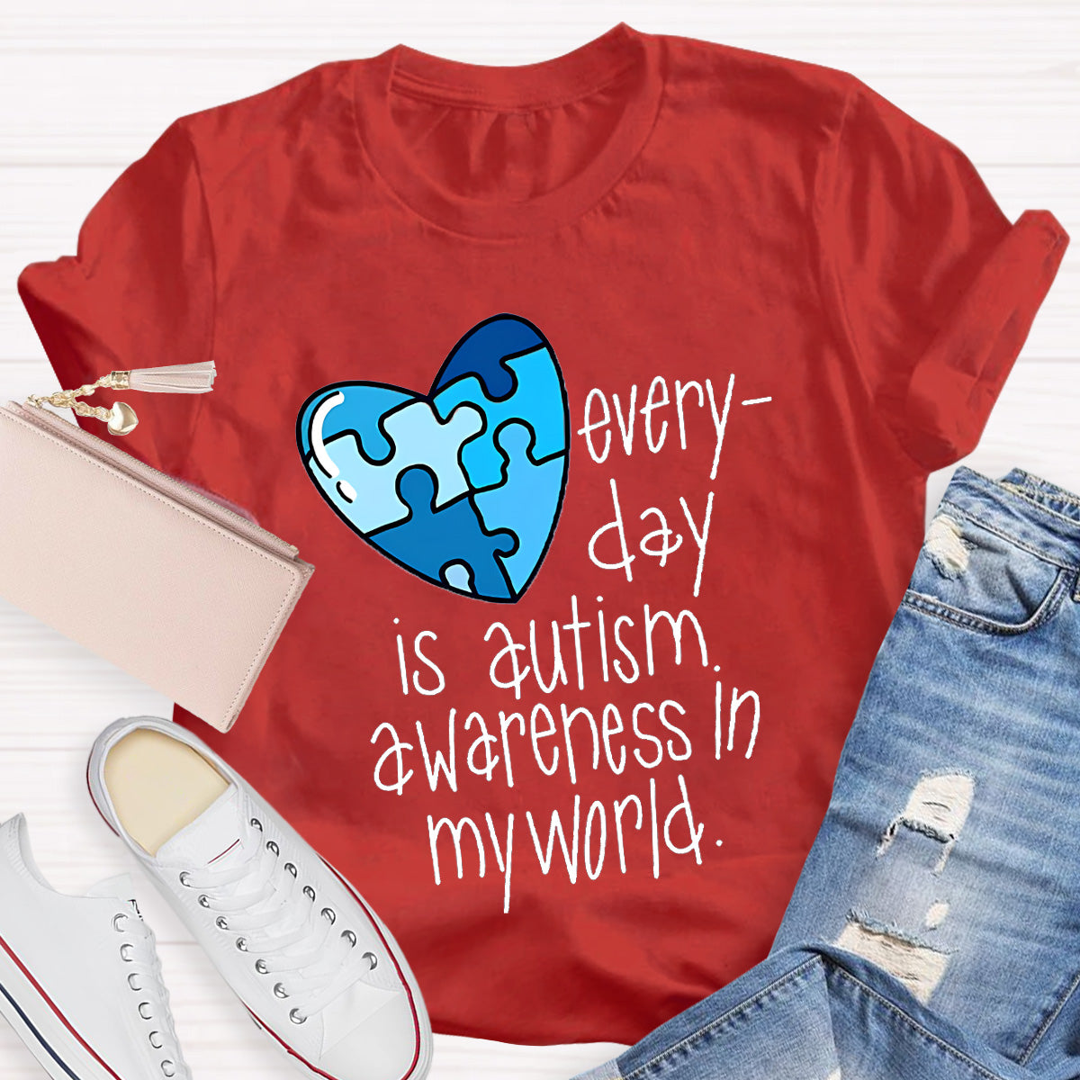Blue Heart Awareness In My World Teacher T-Shirt