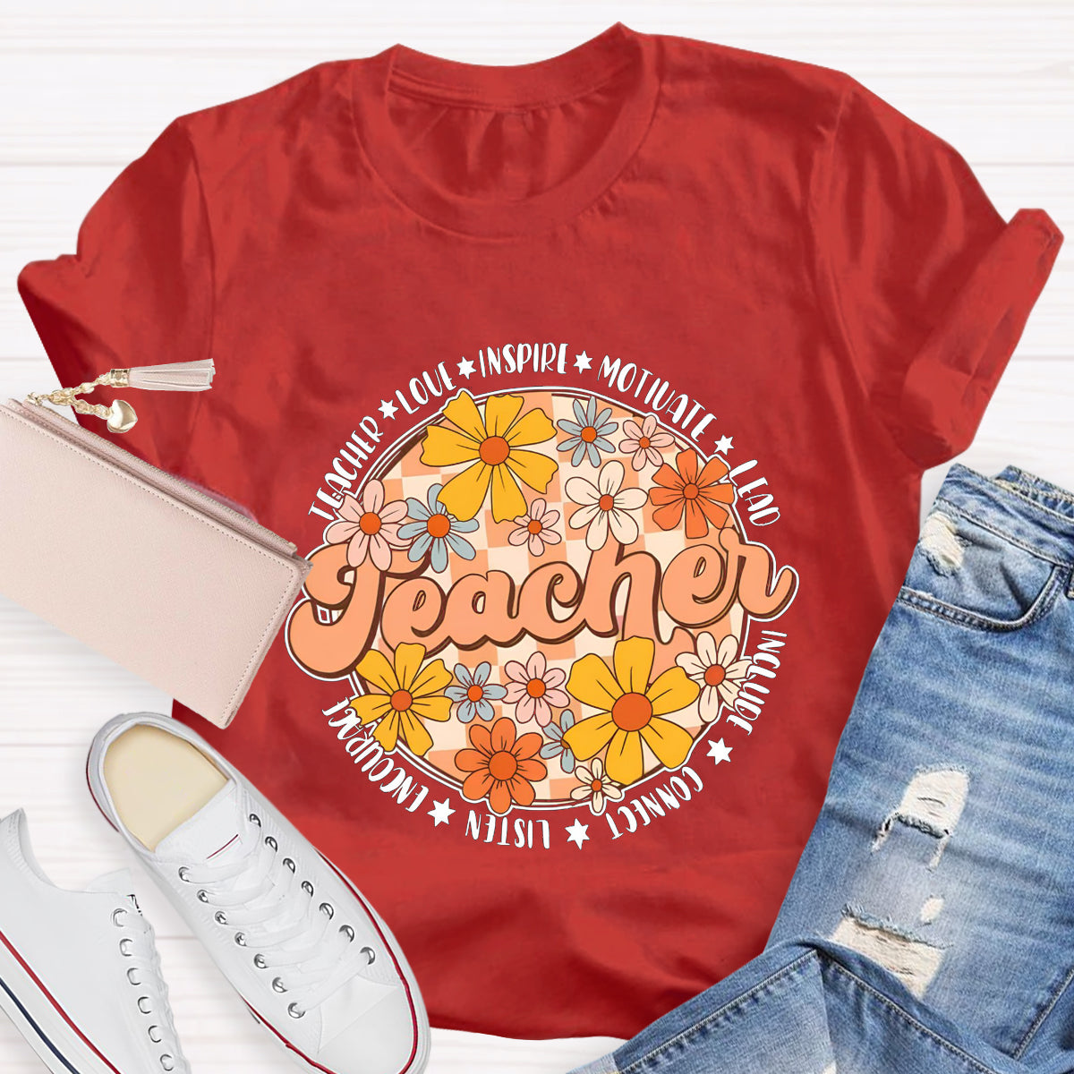 Love Motivate Inspire Floral Teacher T-Shirt