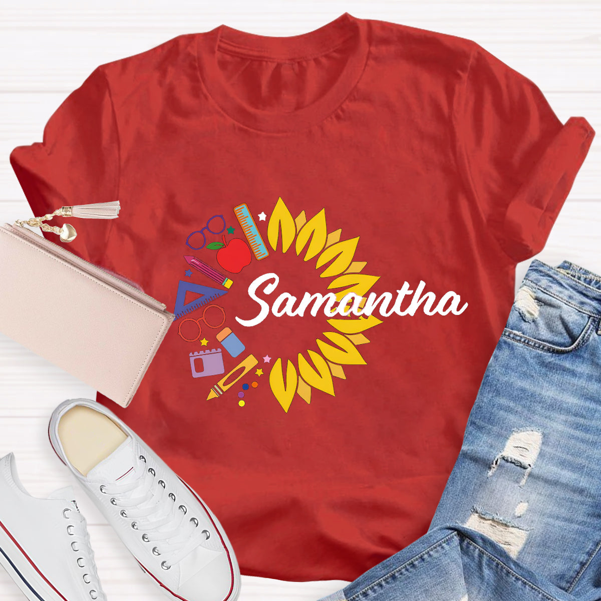 Personalized Name Sunflower Pencil Samantha Teacher T-Shirt