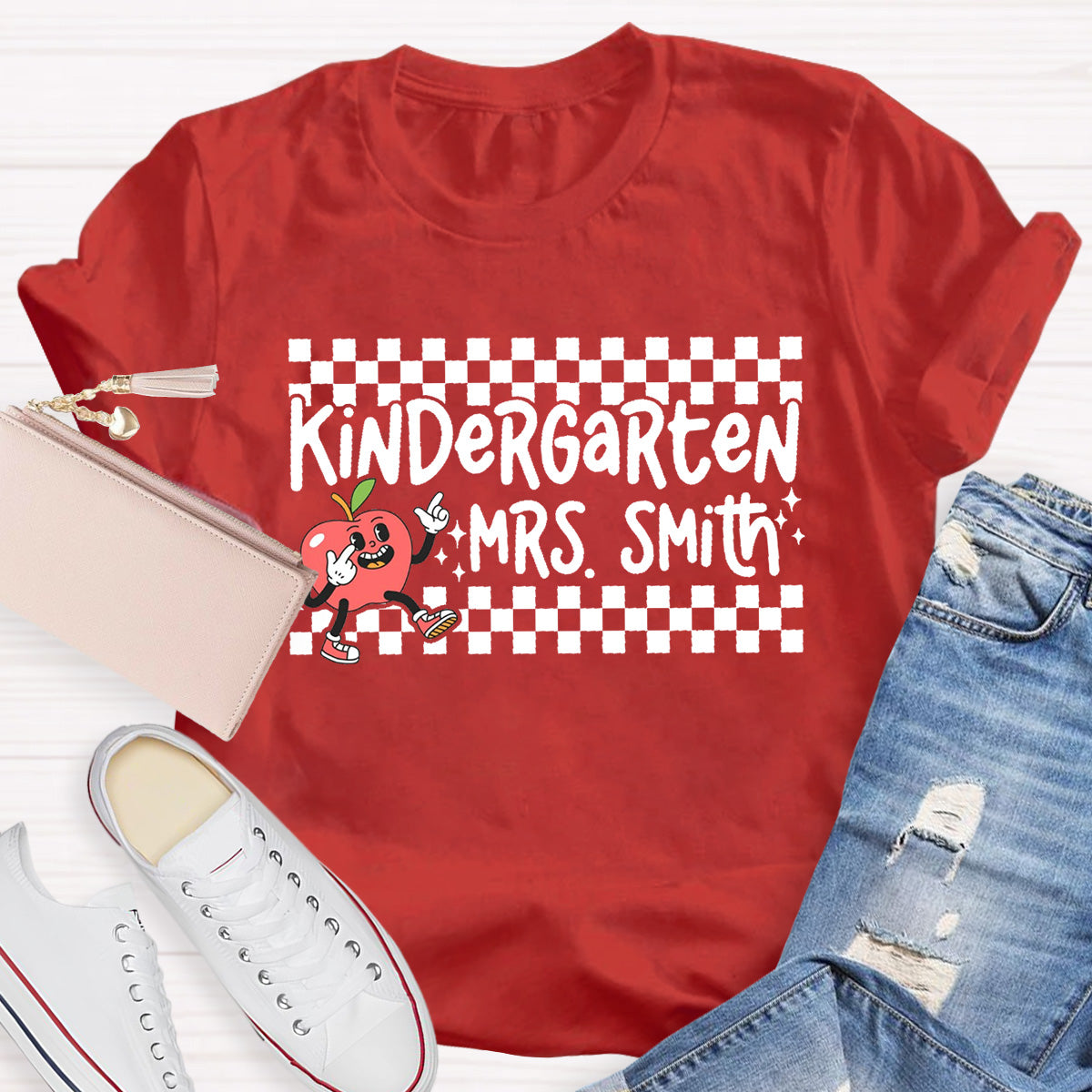 Personalized Grade And Name Chessboard pattern Apple Teacher T-Shirt