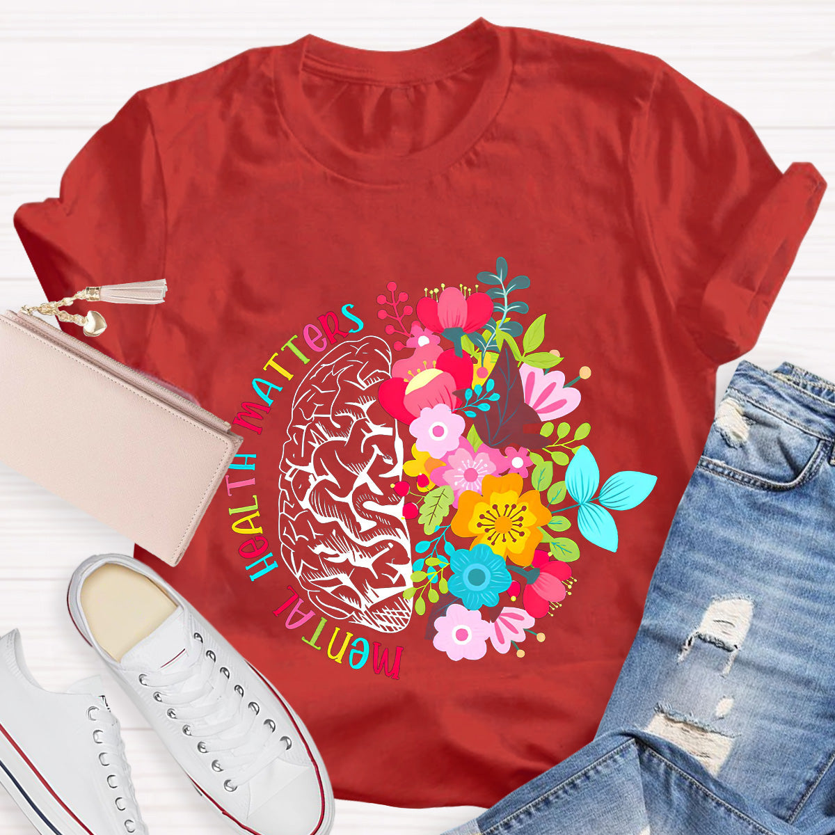 Mental Health Matters Floral Brain Teacher T-Shirt