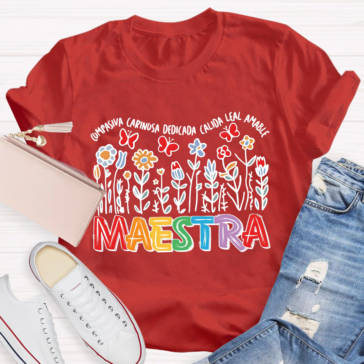 Maestra Butterfly And Flowers Teacher T-Shirt