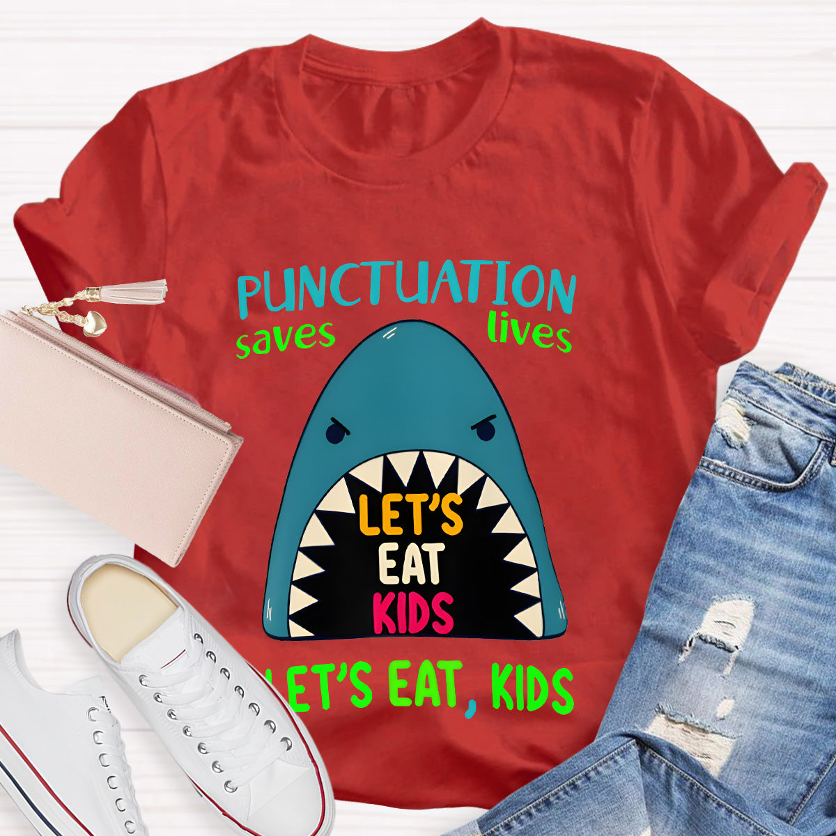 Punctuation Saves Lives The Blue Shark Teacher T-Shirt