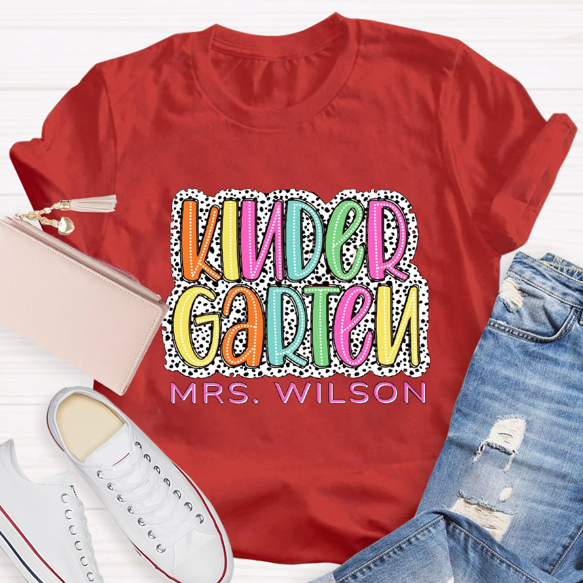 Personalized Name And Grade Neon Lights And Polka Dots Teacher T-Shirt