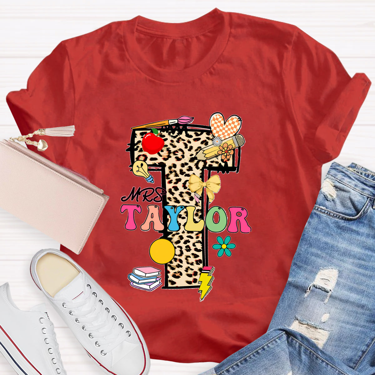 Personalized Name Leopard print Letter Teacher T-Shirt