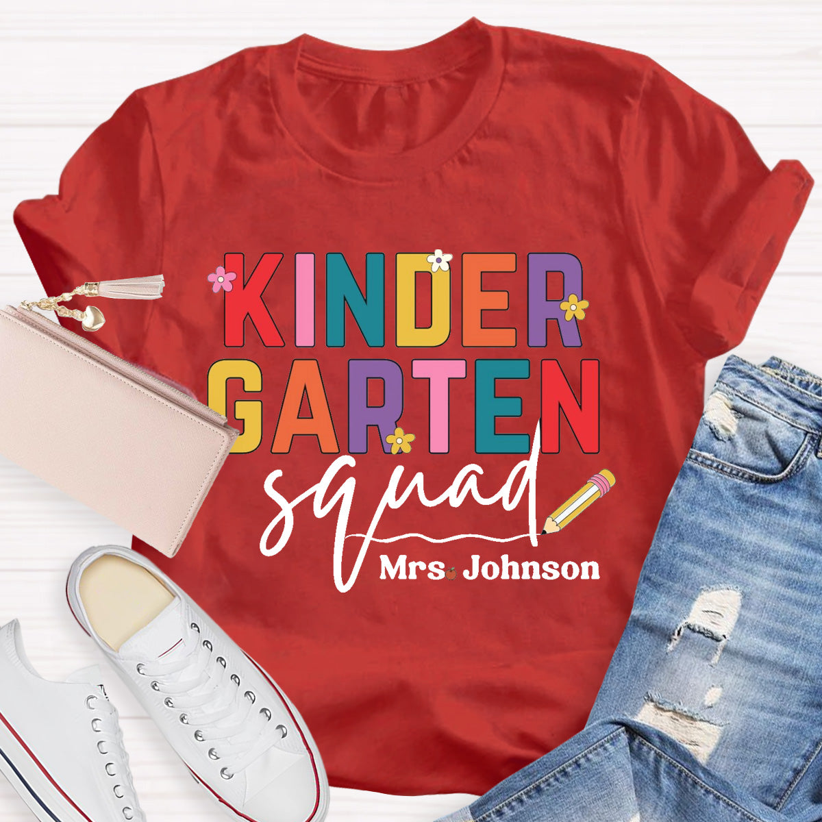 Personalized Grade And Name Teacher Squad Floral Pencil T-Shirt
