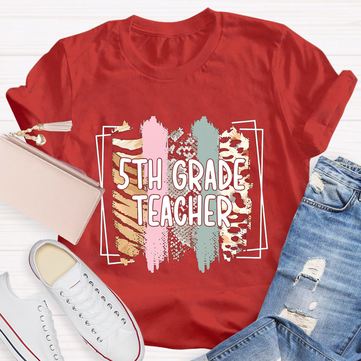 Personalized Grade Color Block 5th Grade Teacher T-Shirt