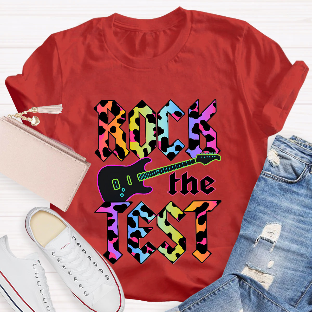 Rock The Test Colorful Leopard Print Teacher T-Shirt