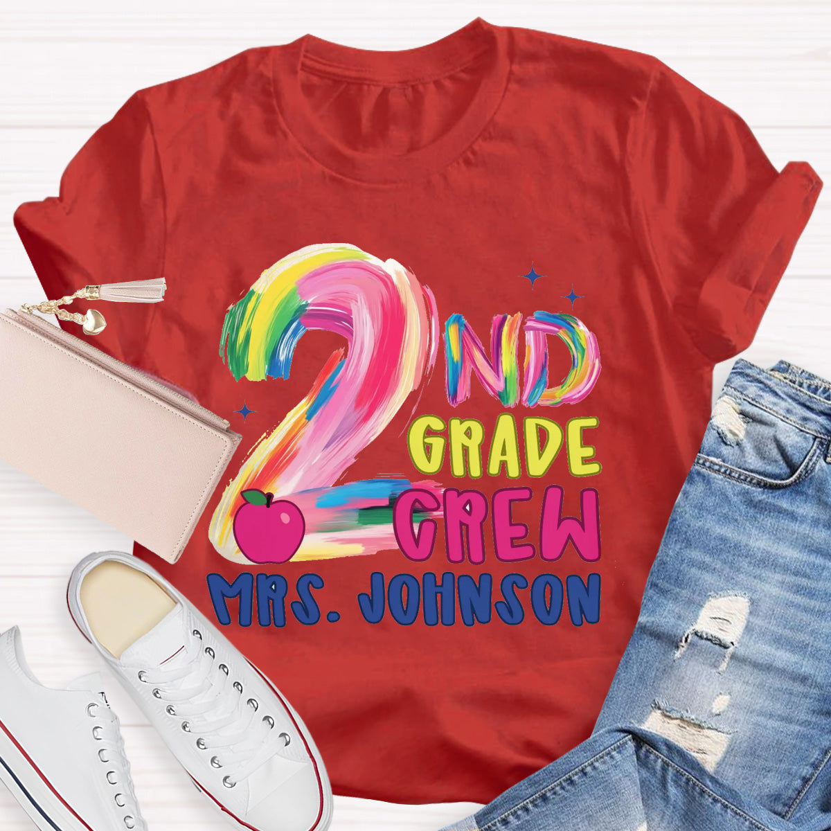 Personalized Grade And Name Pink Apple Teacher T-Shirt