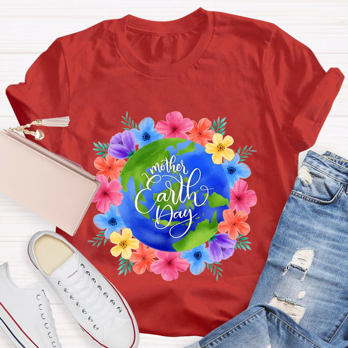 Blue Earth Day Floral Teacher T-Shirt