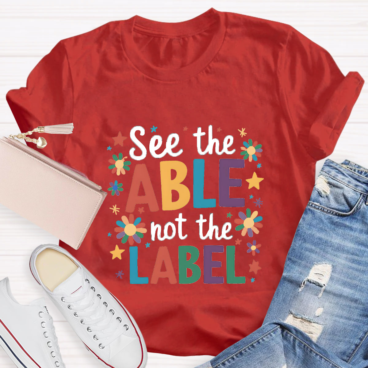 Floral See The Able Not the Label Teacher T-Shirt