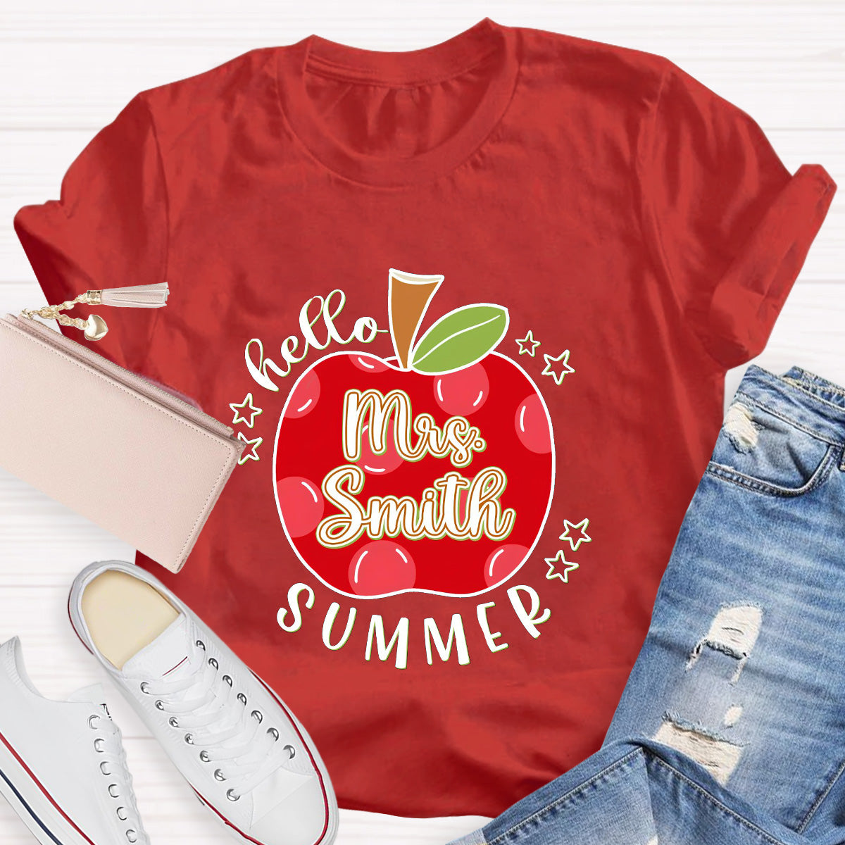 Personalized Name Apple Hello Summer Teacher T-Shirt