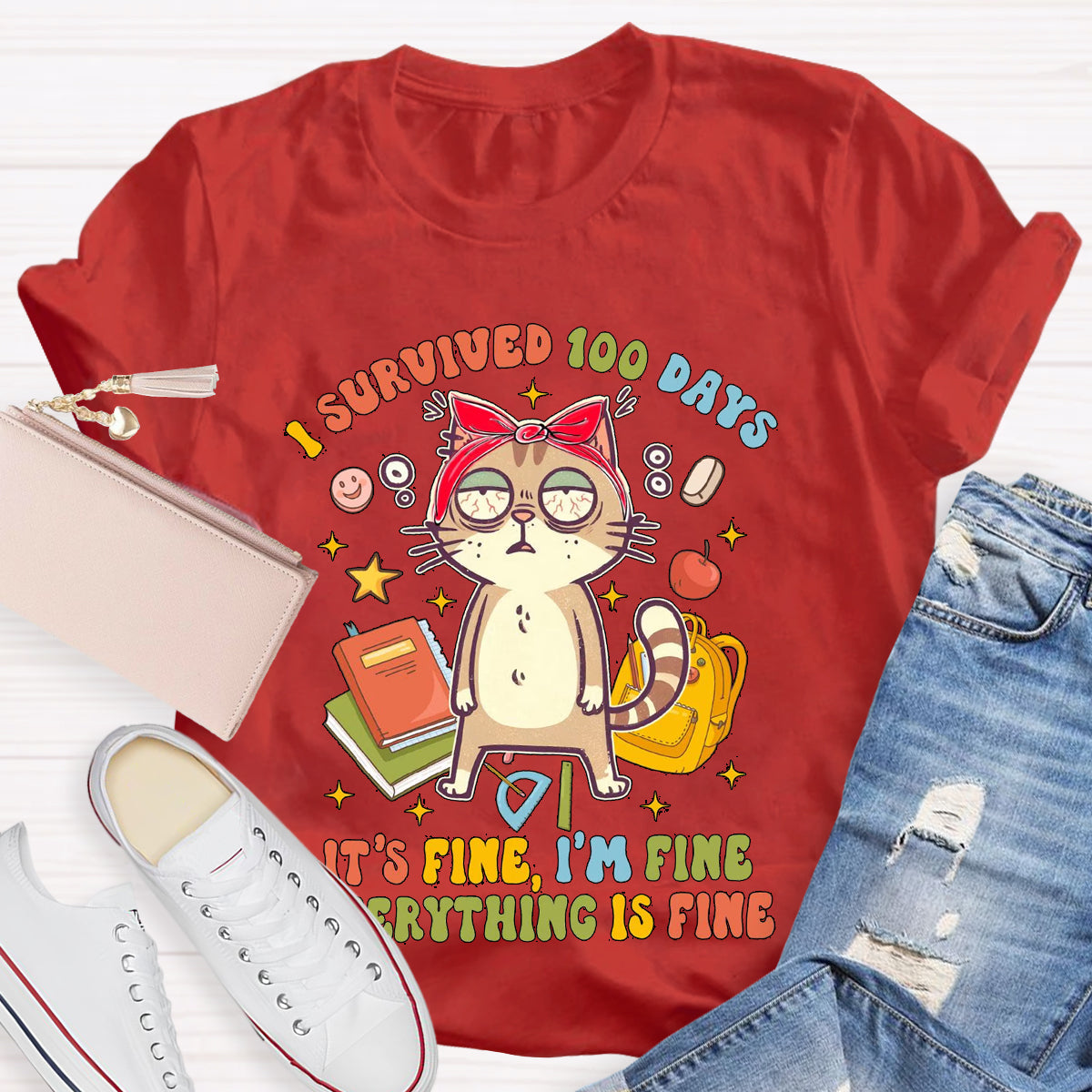 I Survived 100 Days Everything Is Fine Funny Cat T-Shirt