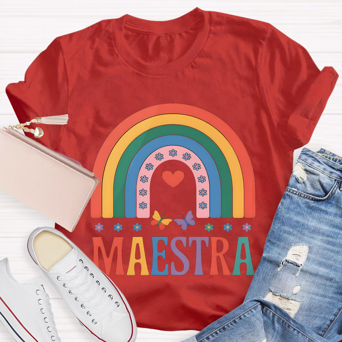 Rainbow Butterfly Maestra Bilingual Teacher T-Shirt