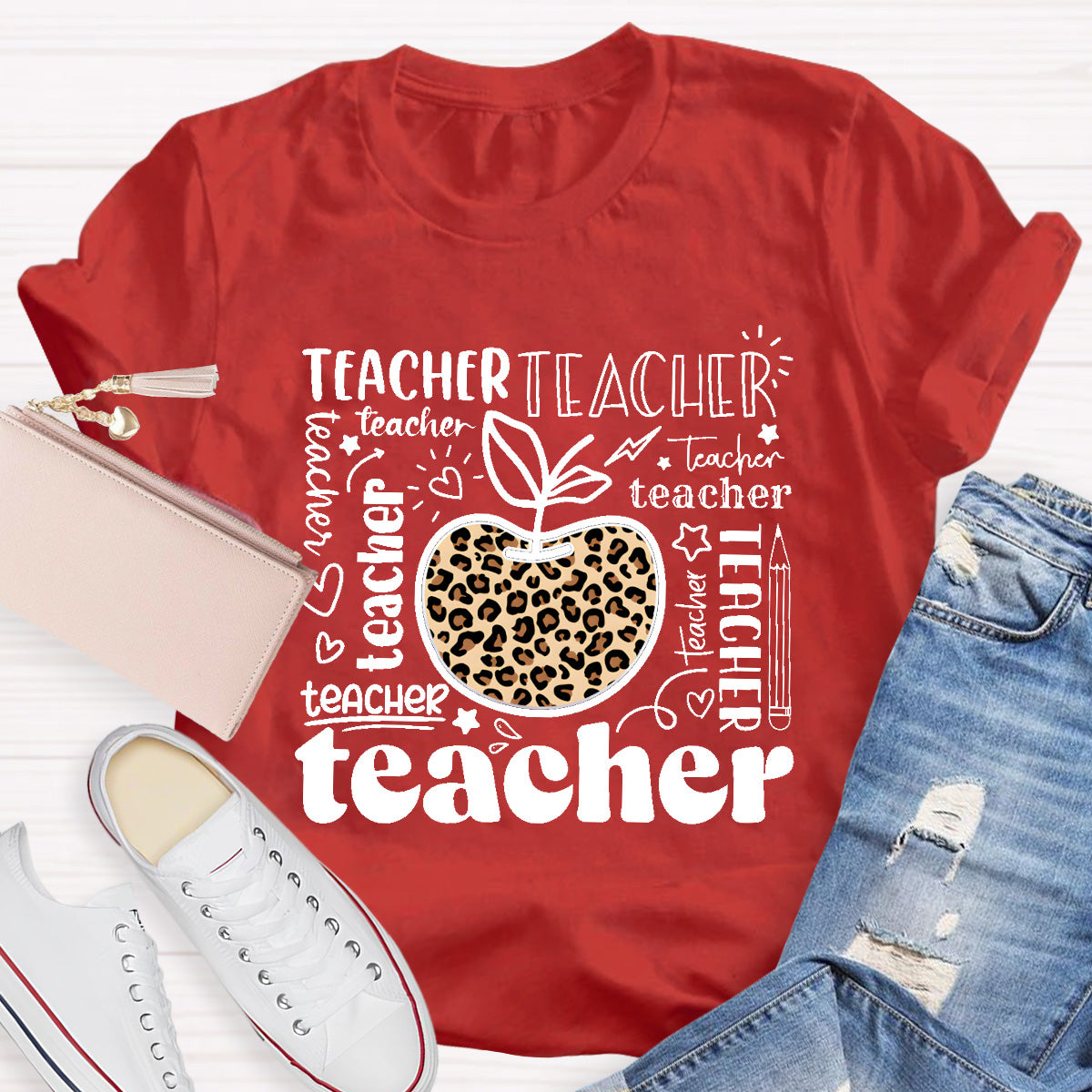Teacher Various Fonts Various Fonts Leopard Apple T-Shirt