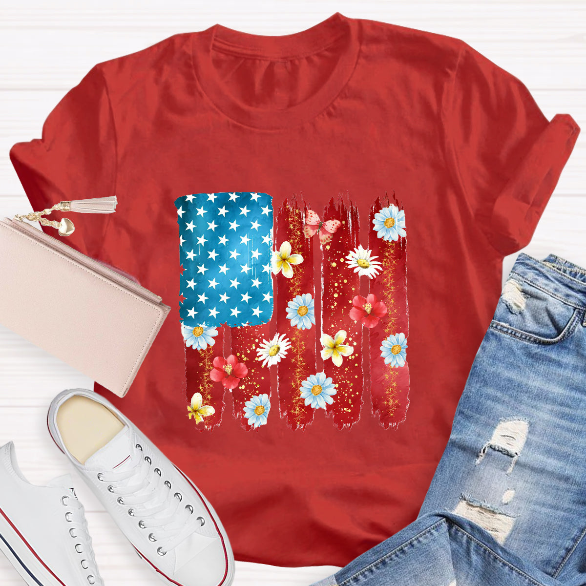 US Flag Flower Strip Star Teacher T-Shirt