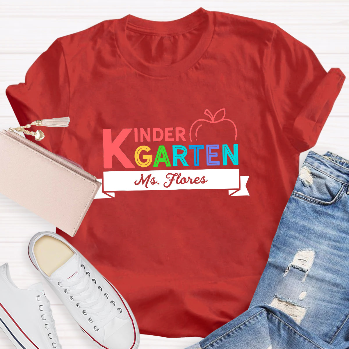 Personalized Kindergarten Teacher's Name  Apple Printed T-Shirt