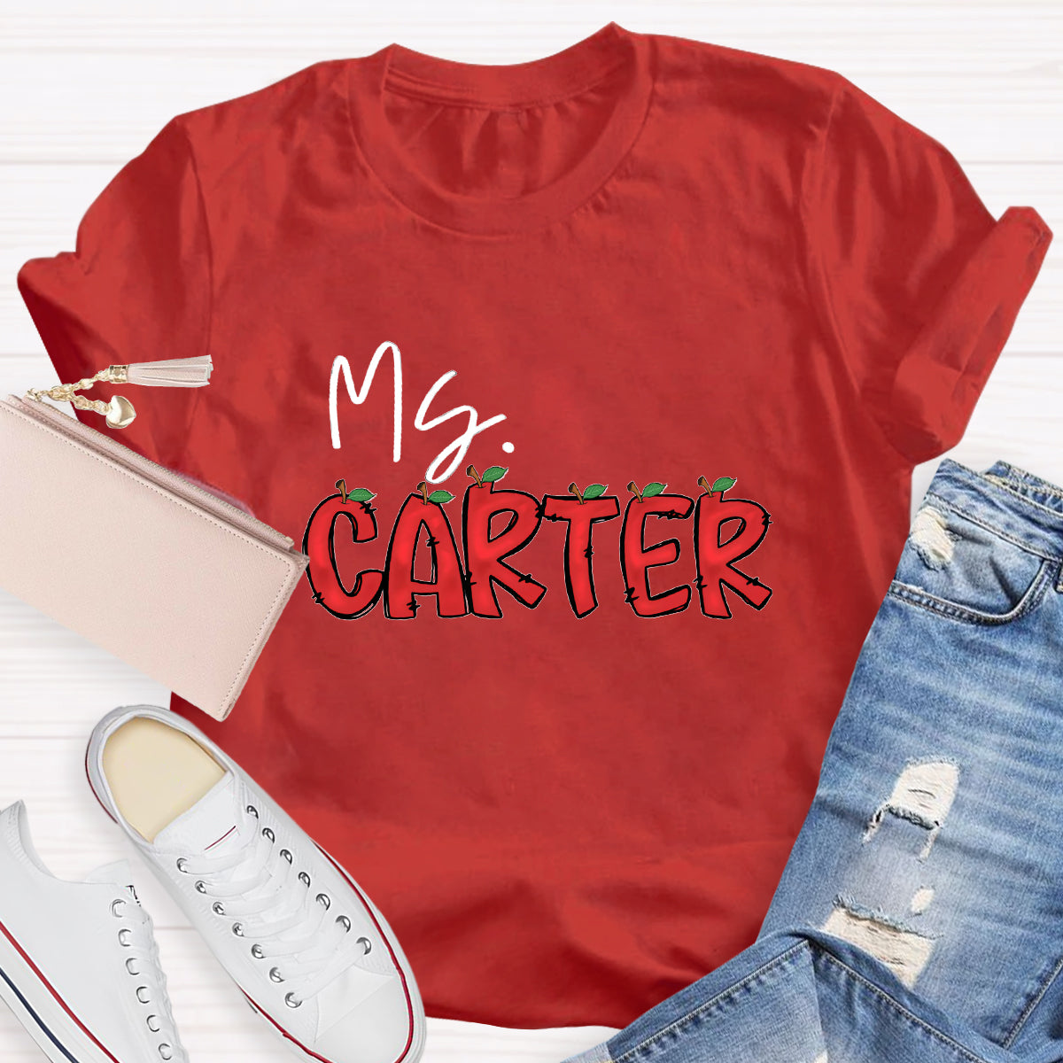 Personalized Teacher's Name Red Apple Letter  T-Shirt