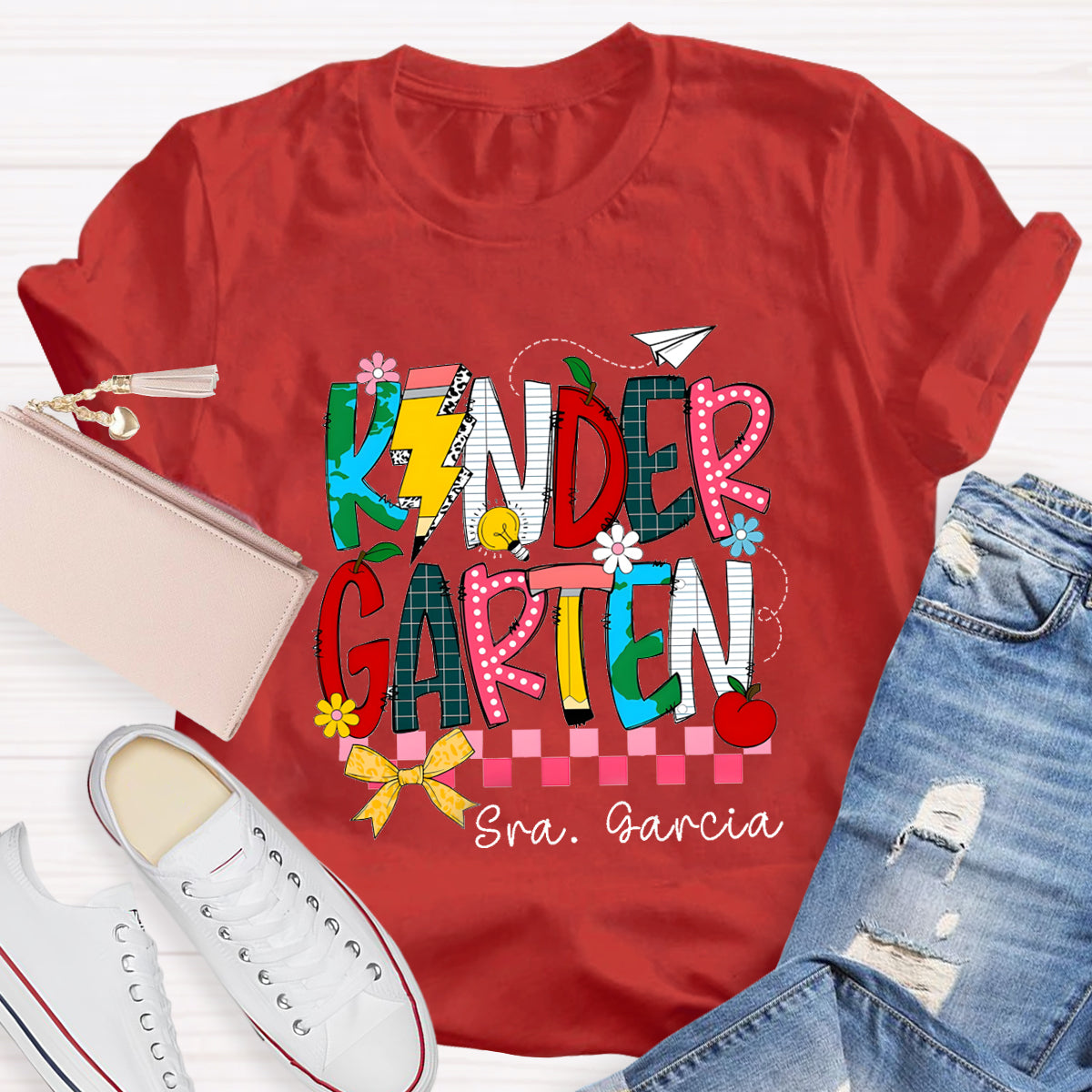 Personalized Grade And Name  Apple Pencil light Teacher T-Shirt