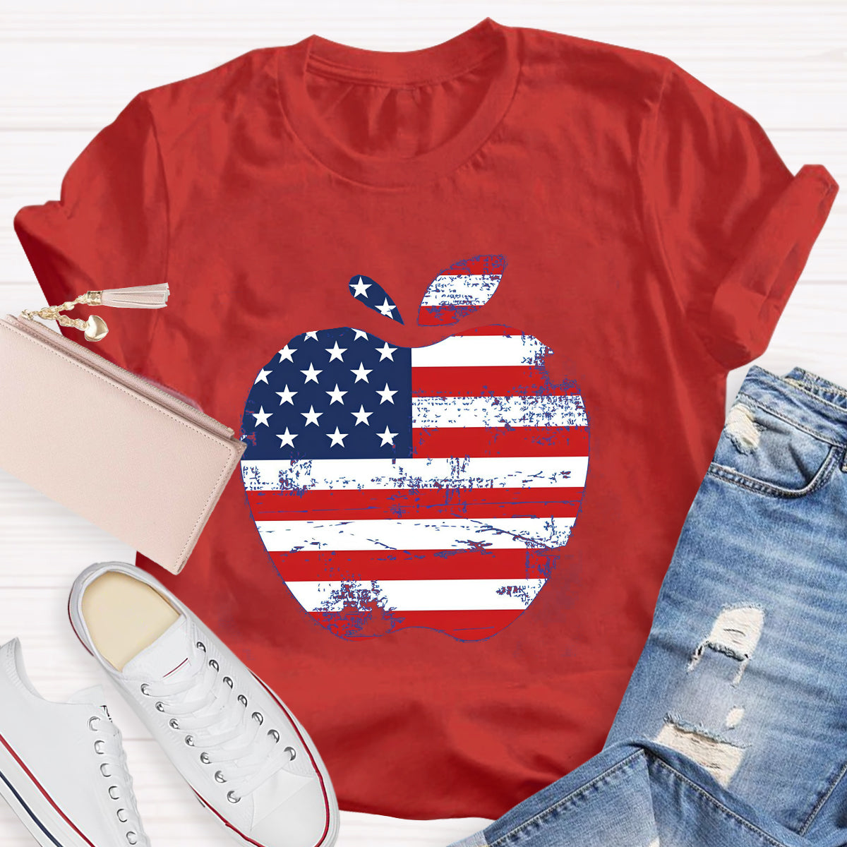 US Flag Apple Teacher T-Shirt