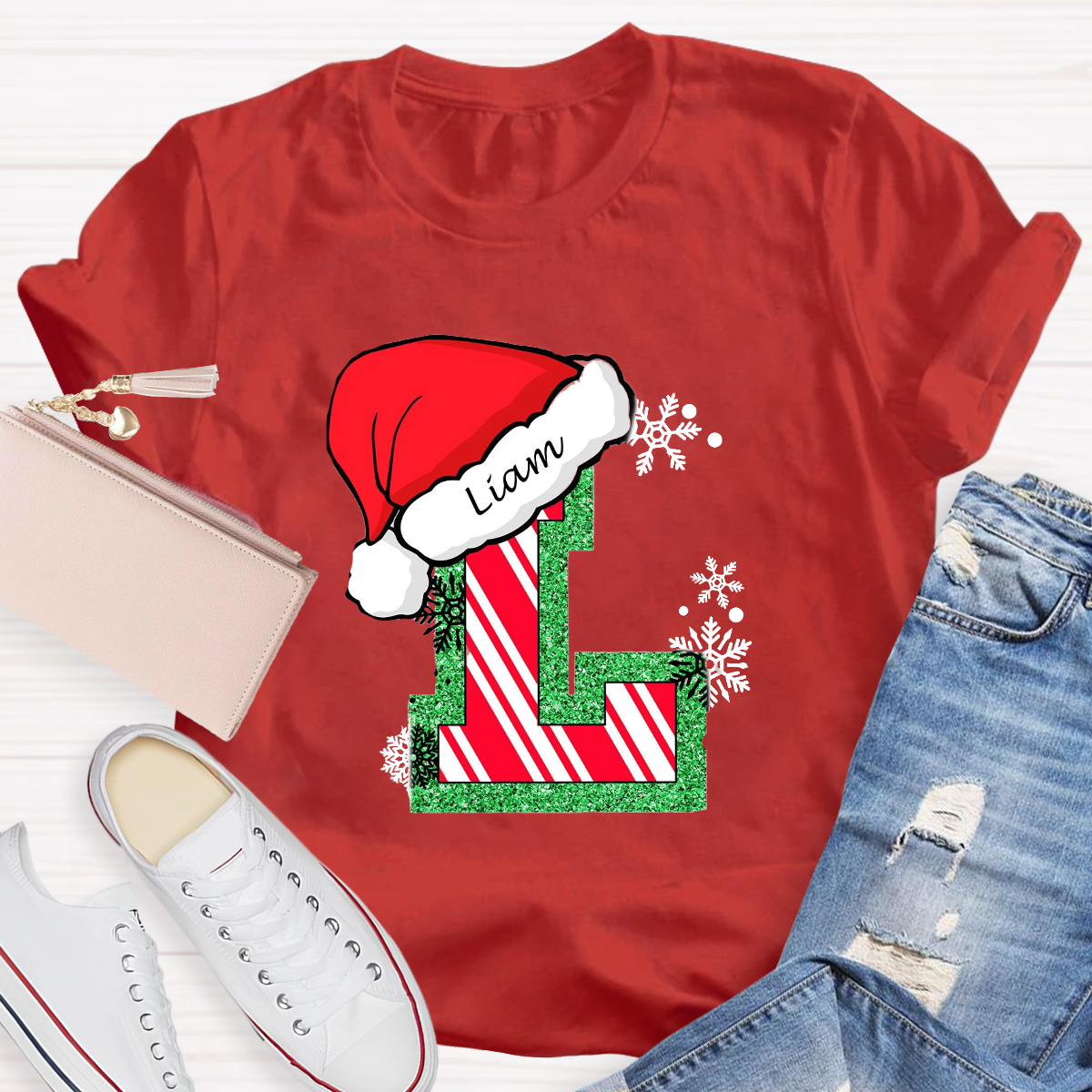 Personalized Name Merry Christmas Santa Holiday Green Red Glitter T-Shirt