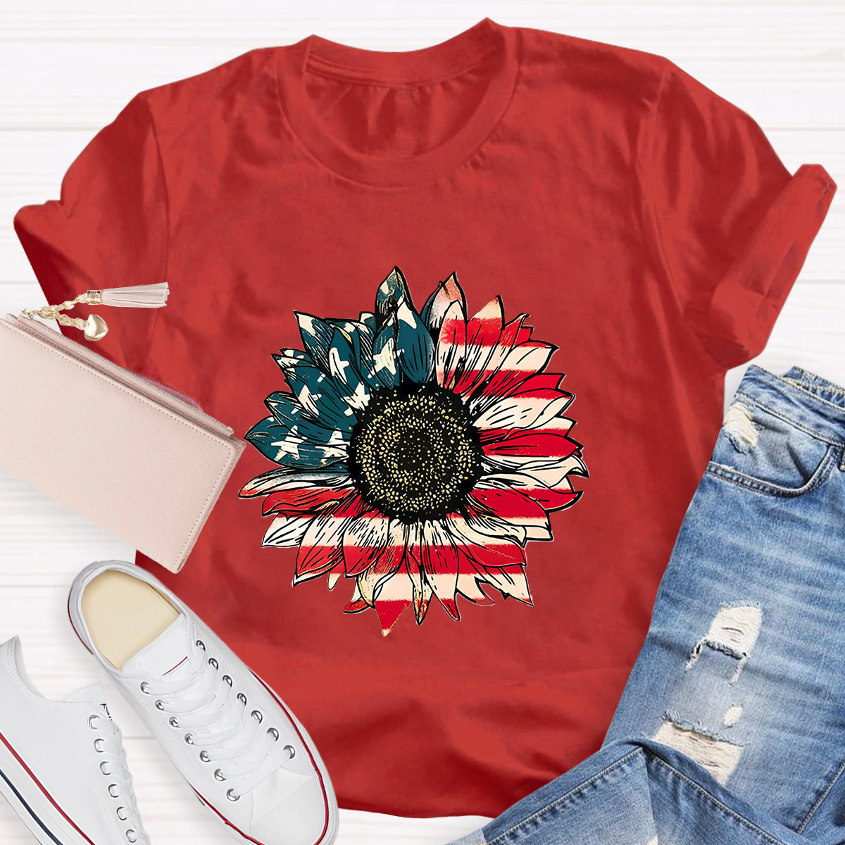 US Flag Flower Teacher T-Shirt