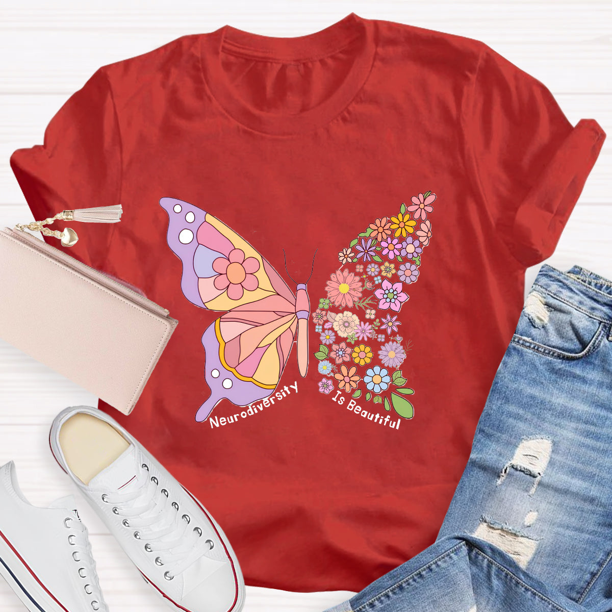 Neurodiversity Is Beautiful Floral Butterfly Teacher T-Shirt