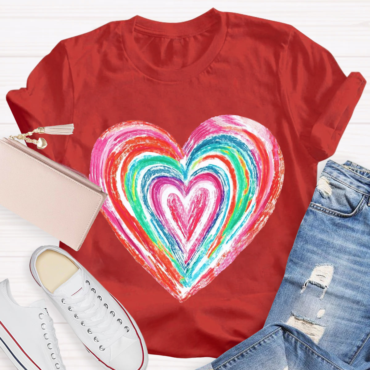 Valentines Colorful Rainbow Heart Teacher T-Shirt