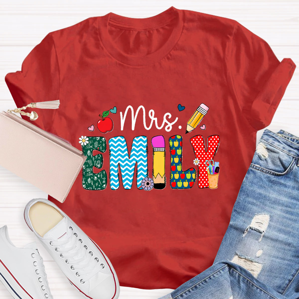 Personalized Name Beautiful Flower Emily Teacher T-Shirt