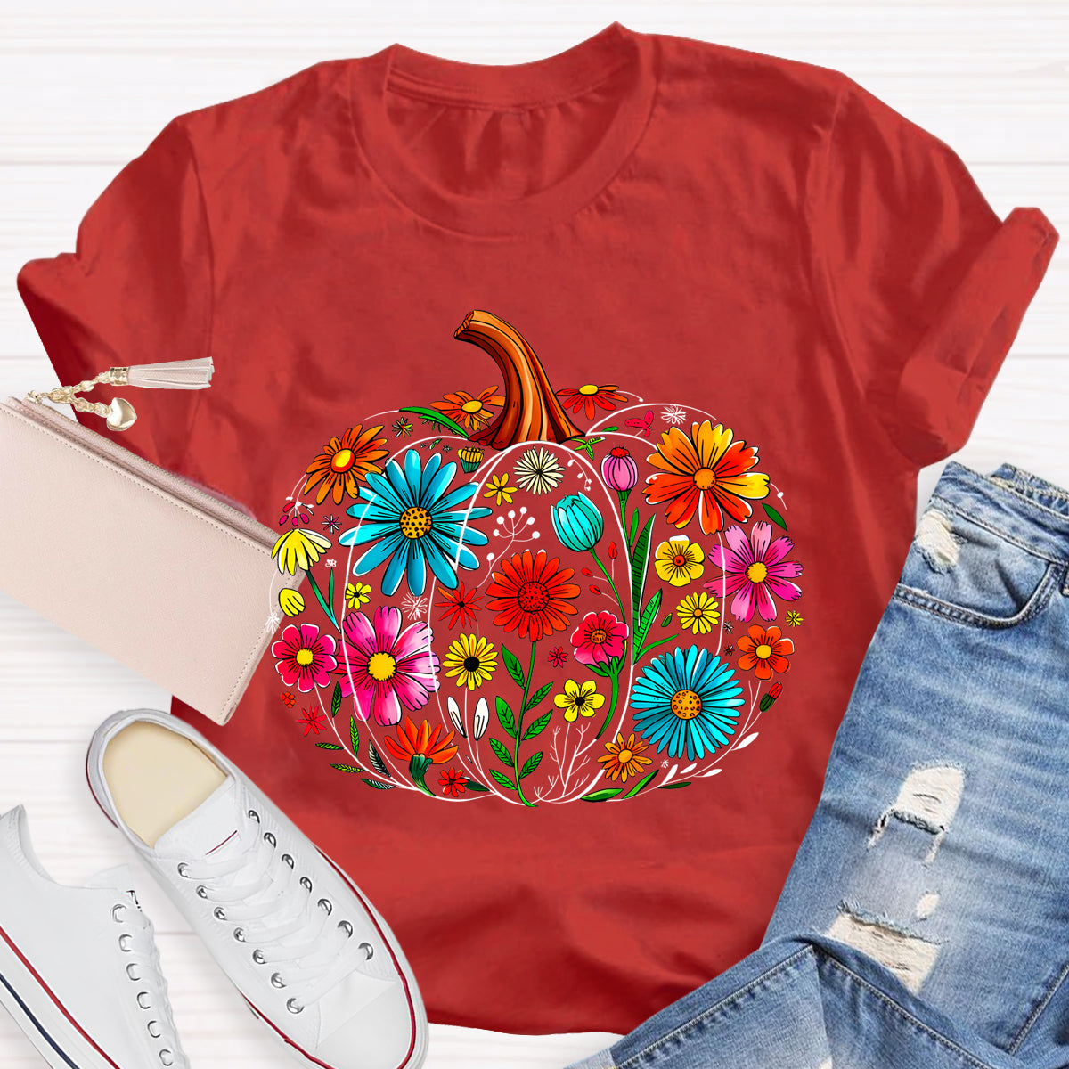 Maestra Pumpkin-Shaped Flowers Bilingual Teacher T-shirt