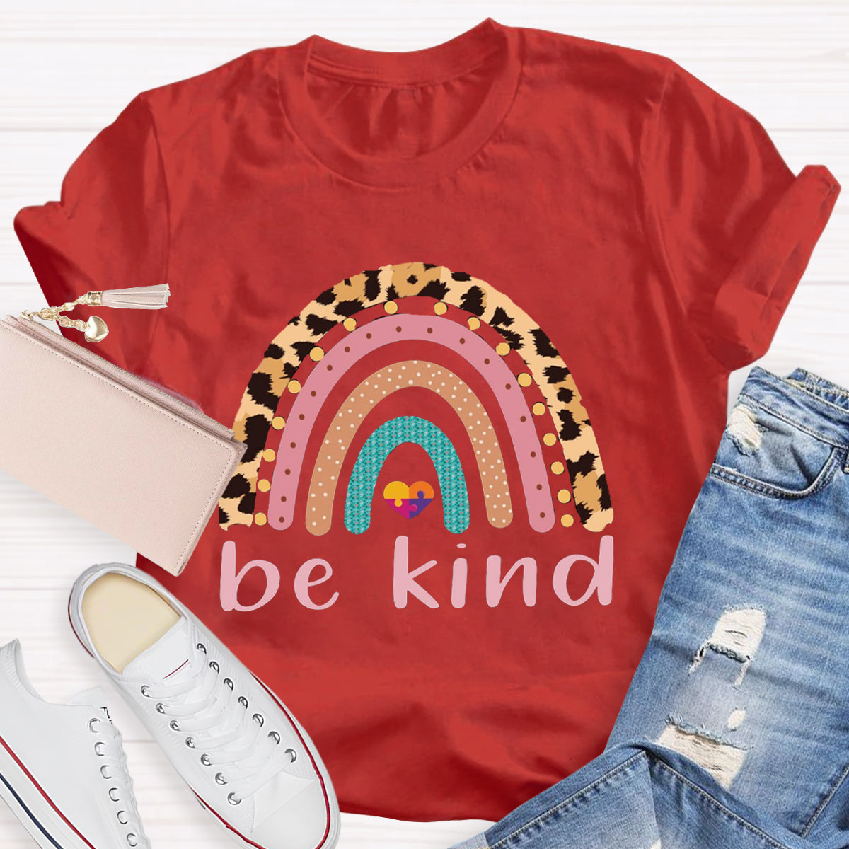 Be Kind Leopard Rainbow Colorful Heart T-Shirt