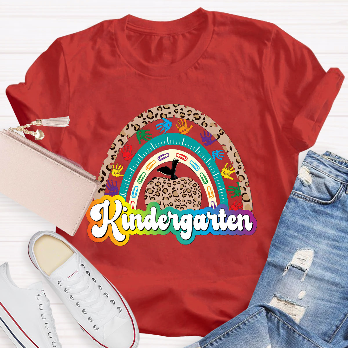 Personalized Grade Leopard Apple Rainbow Teacher T-Shirt