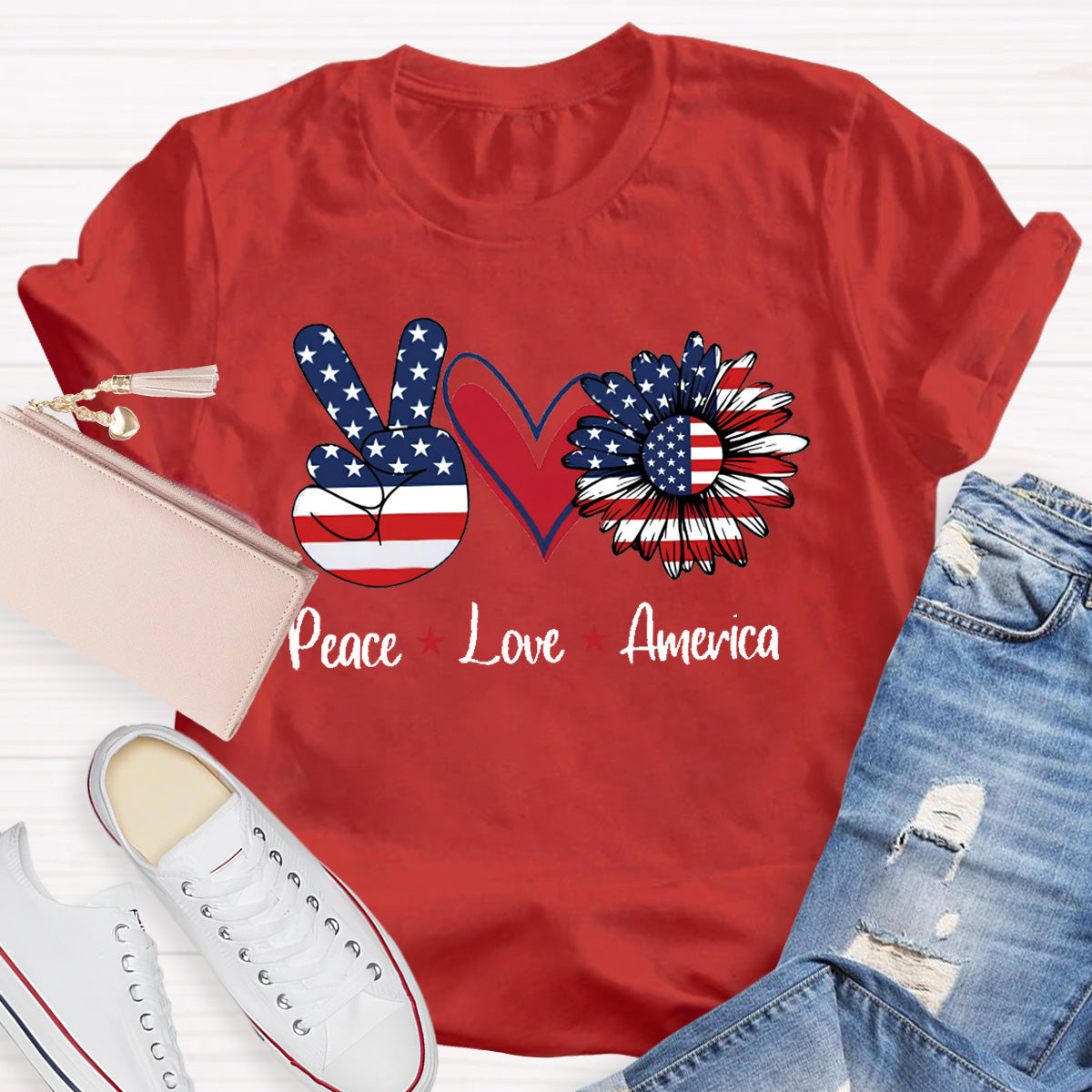 Peace Love America Star Teacher T-Shirt