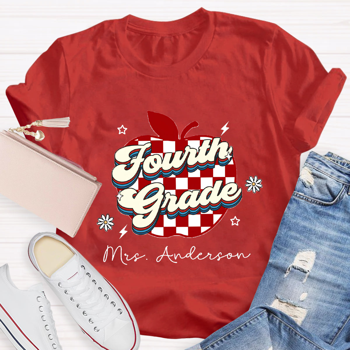 Personalized Grade And Name Apple Chessboard Pattern T-Shirt