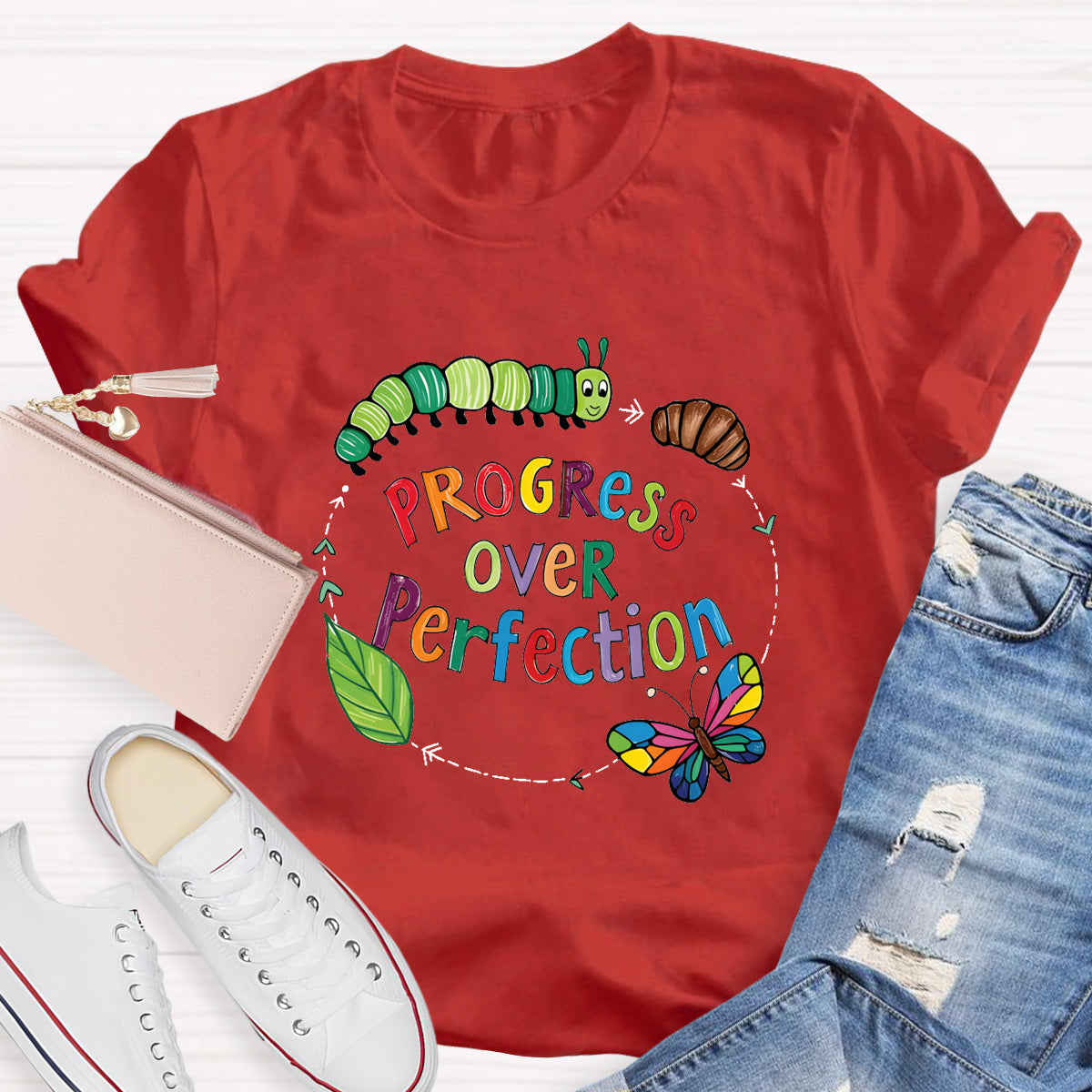 Progress Over Perfection Butterfly Teacher T-Shirt