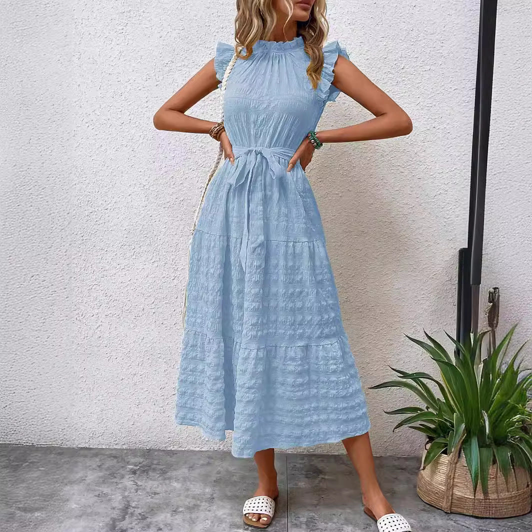Ruffled Trim Flutter Sleeves Tie-Up Textured Dress