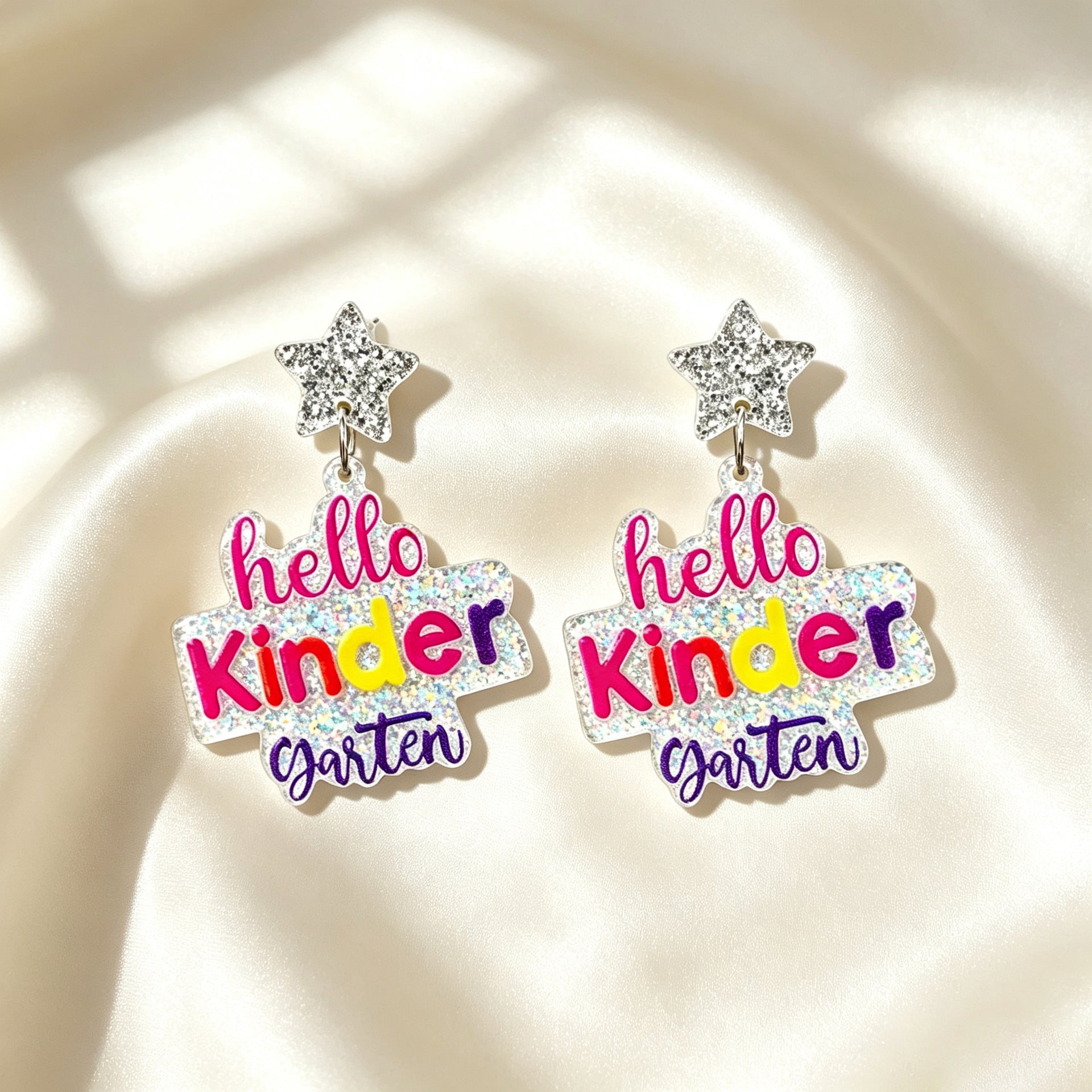 Back To School Rainbow Glitter Acrylic Earrings