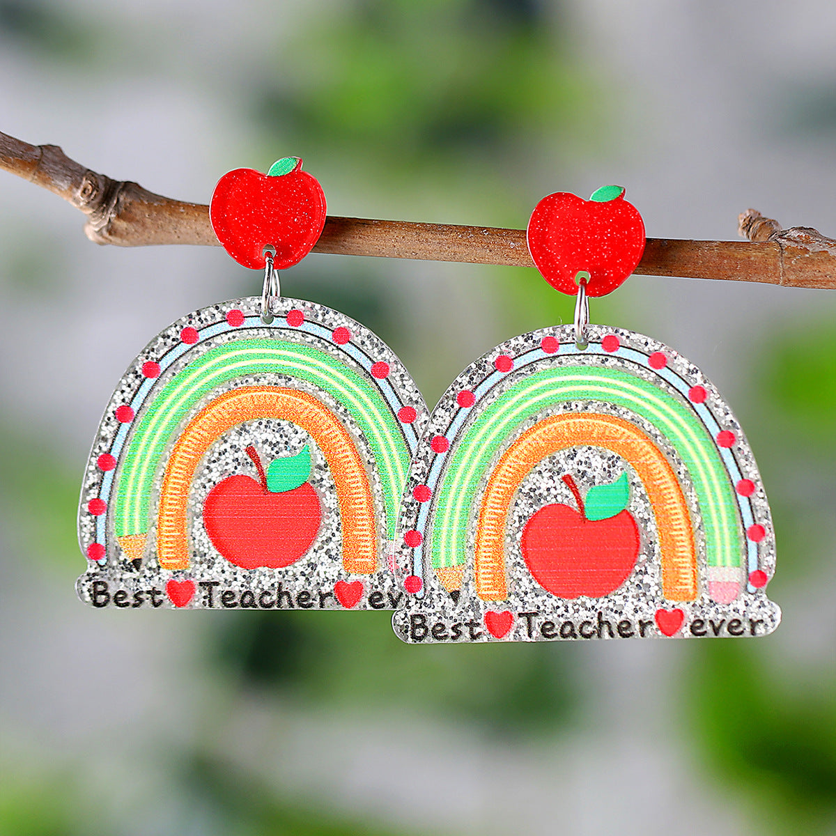 Sequined Apple Book Ruler Rainbow Earrings