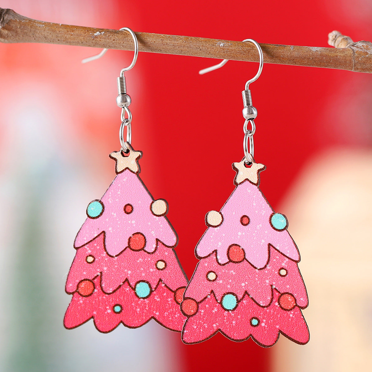Christmas Lights Bow Pink Christmas Tree Pendant Earrings